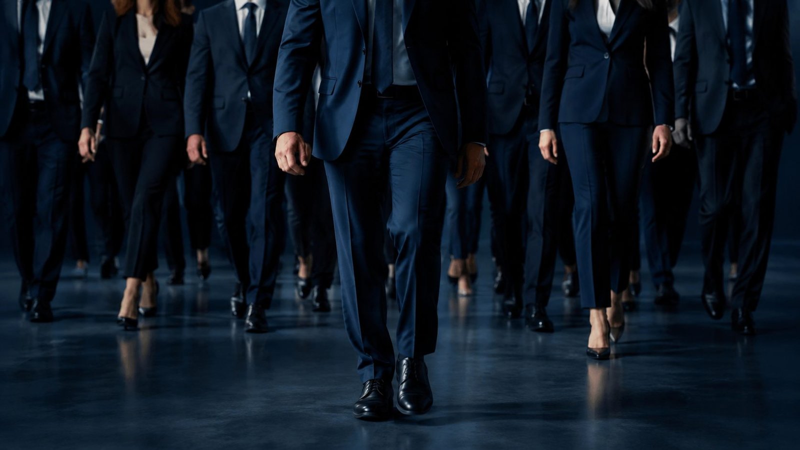 Professionisti in abito scuro che camminano insieme